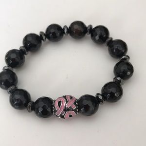 Hand Crafted Breast- Cancer Bracelet with Faceted Black Onyx Beads